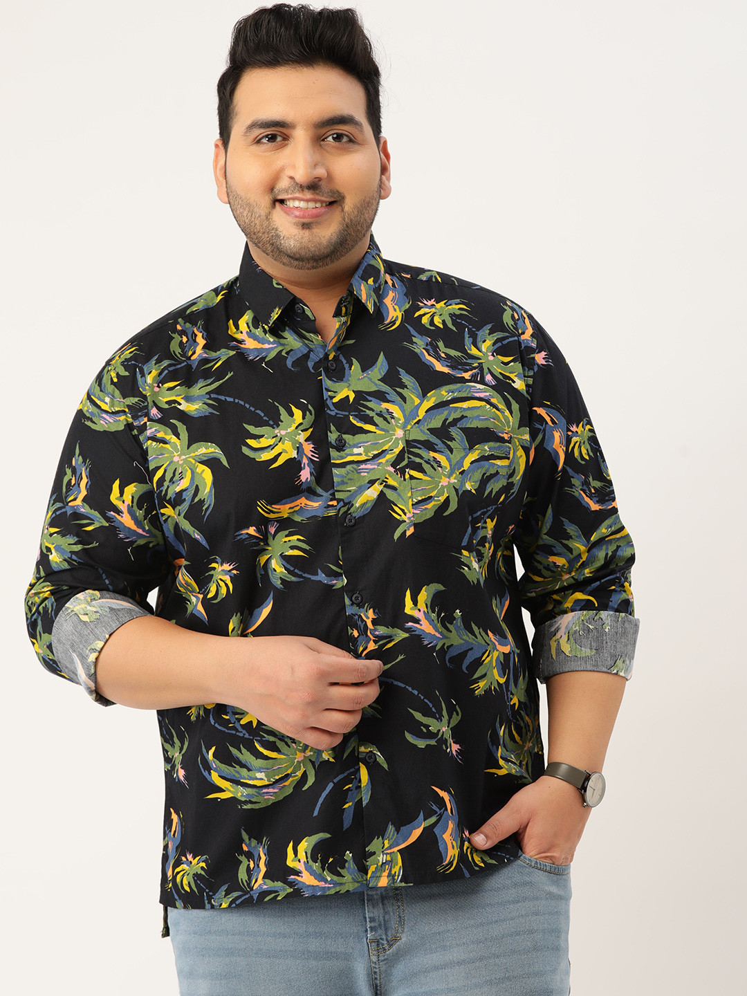 

Bene Kleed Plus Men Navy Blue & Green Floral Printed Casual Shirt