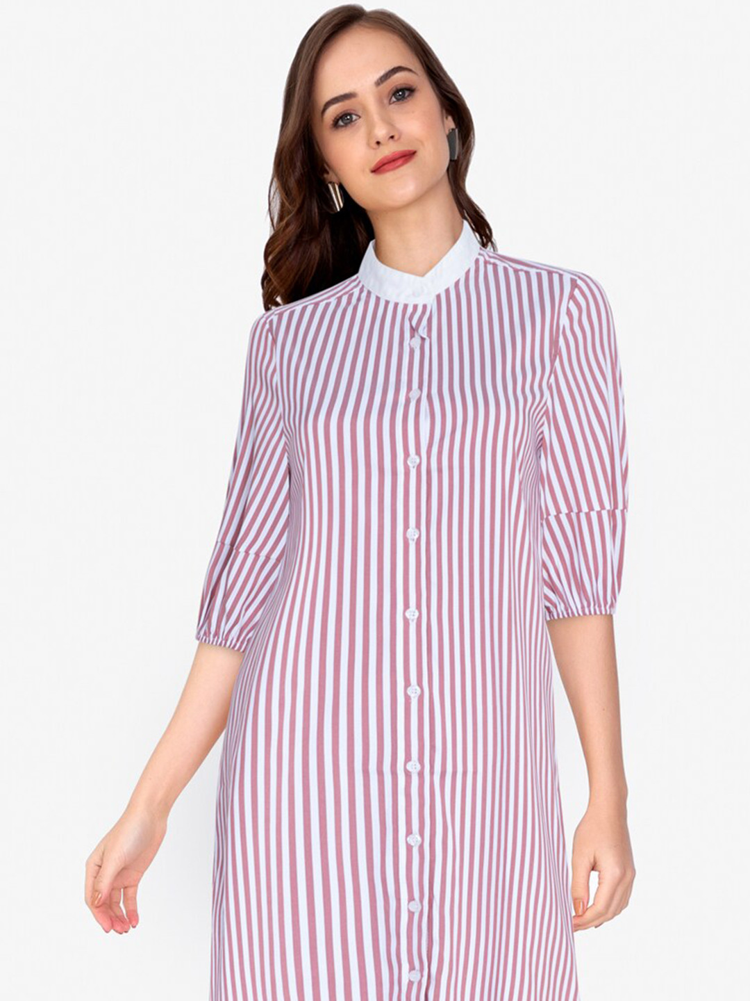 

ZALORA WORK Women Pink & White Striped Contrast Collar Shirt Dress
