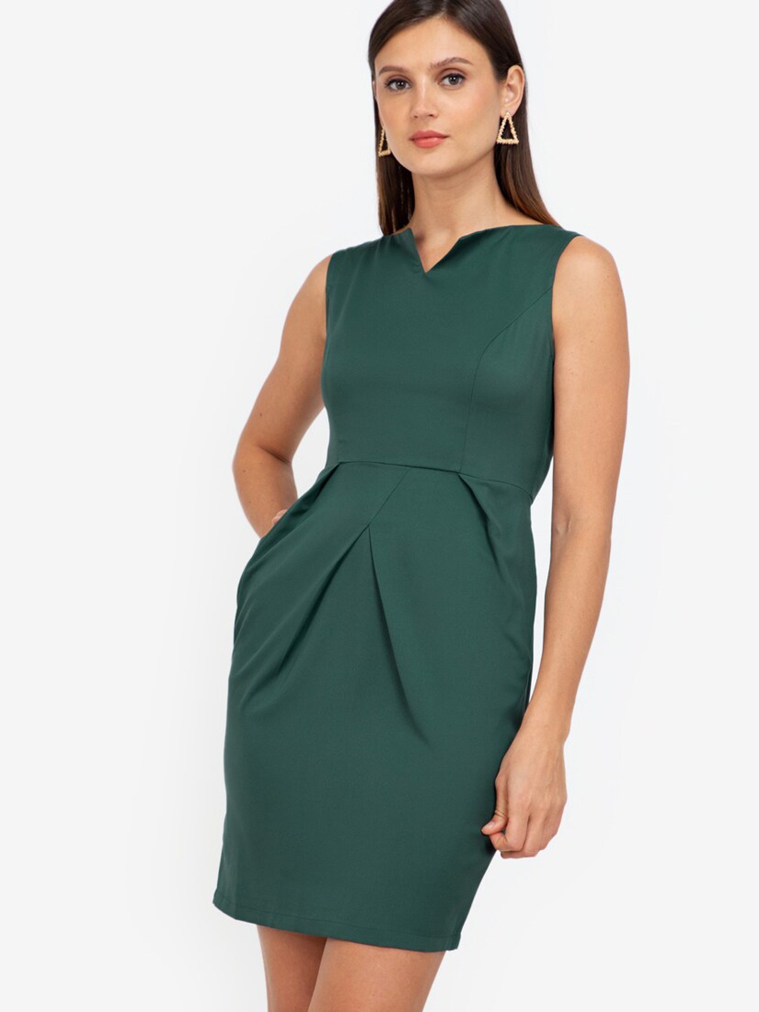 

ZALORA WORK Women Green Solid Notch Neck Pleat Detail Dress