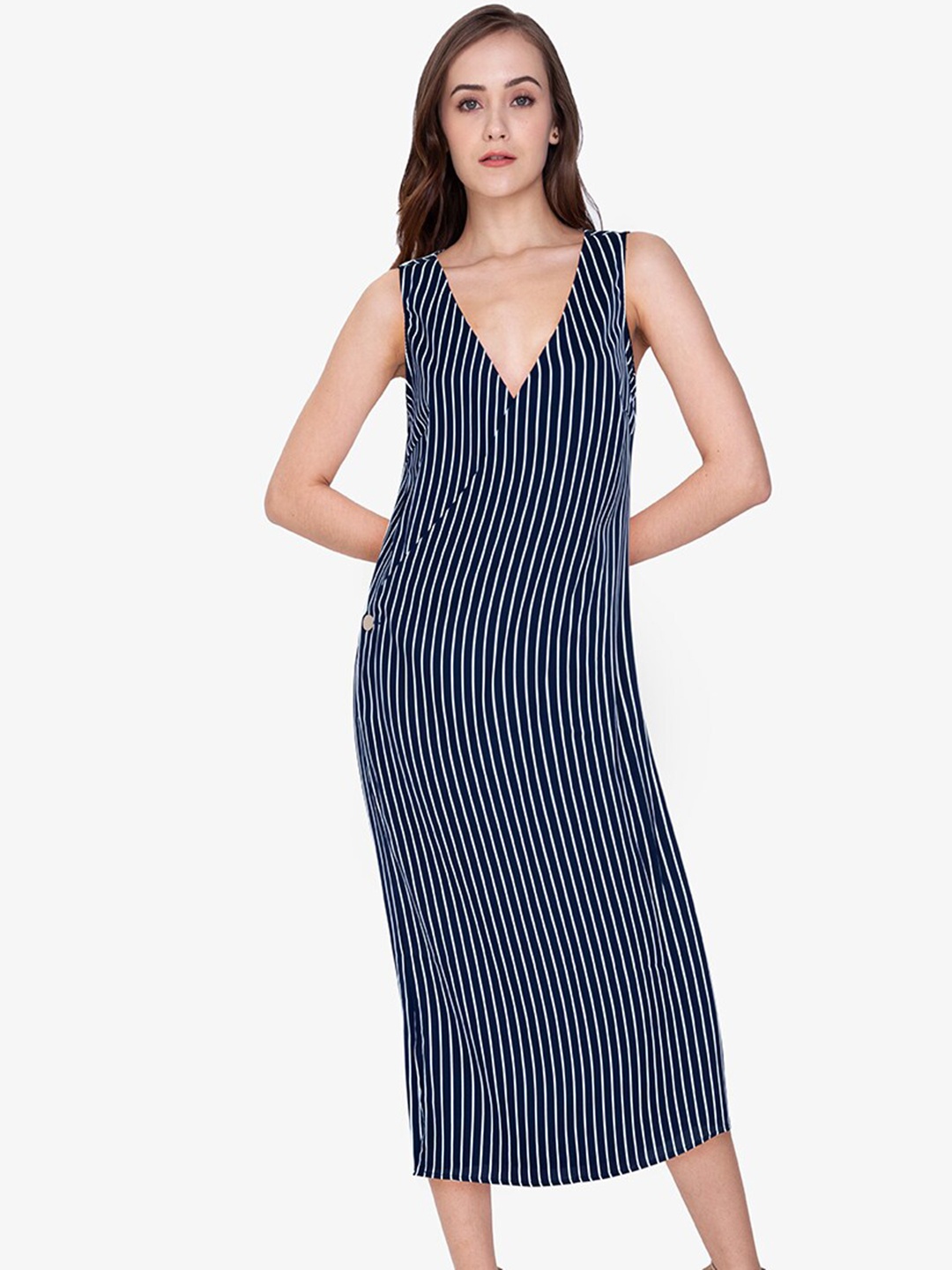 

ZALORA WORK Women Blue & White Striped V Neck Wrap Midi Dress