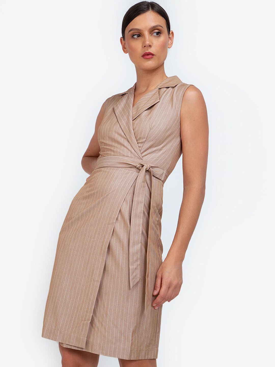 

ZALORA WORK Brown Striped Wrap Dress
