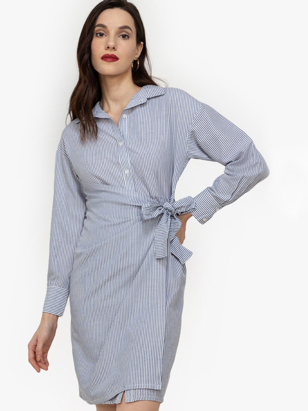 

ZALORA WORK Blue & White Striped Wrap Dress