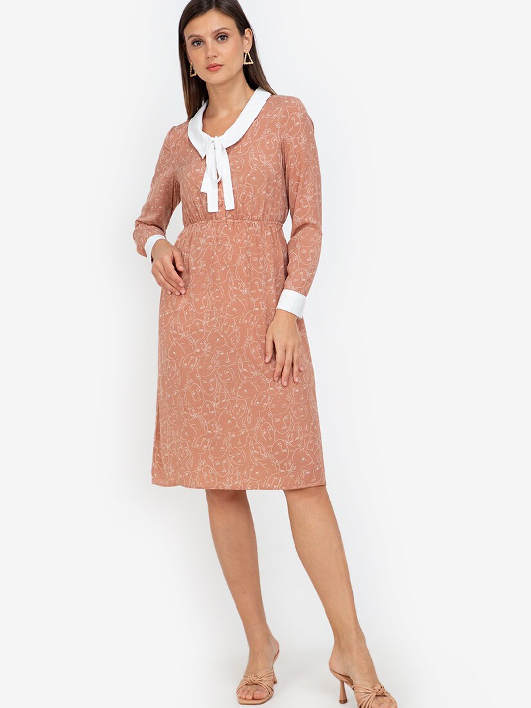 

ZALORA WORK Brown & White Ethnic Motifs A-Line Dress