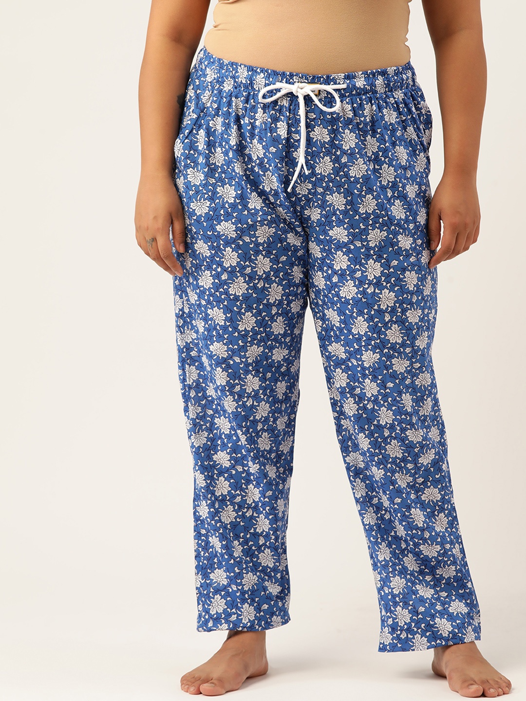 

Bene Kleed Plus Women Blue & White Cotton Floral Print Lounge Pants