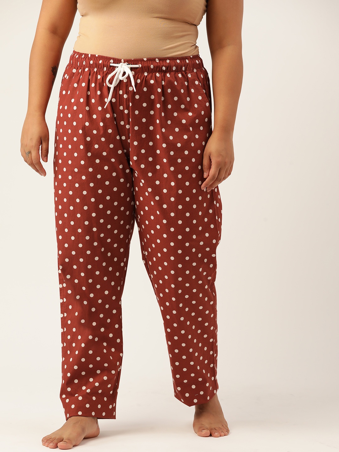

Bene Kleed Plus Women Rust Red & White Polka Dot Printed Lounge Pants