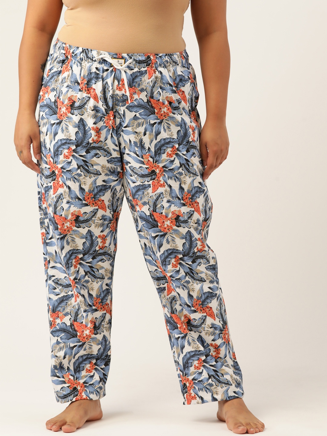 

Bene Kleed Plus Women White & Blue Cotton Tropical Print Lounge Pants