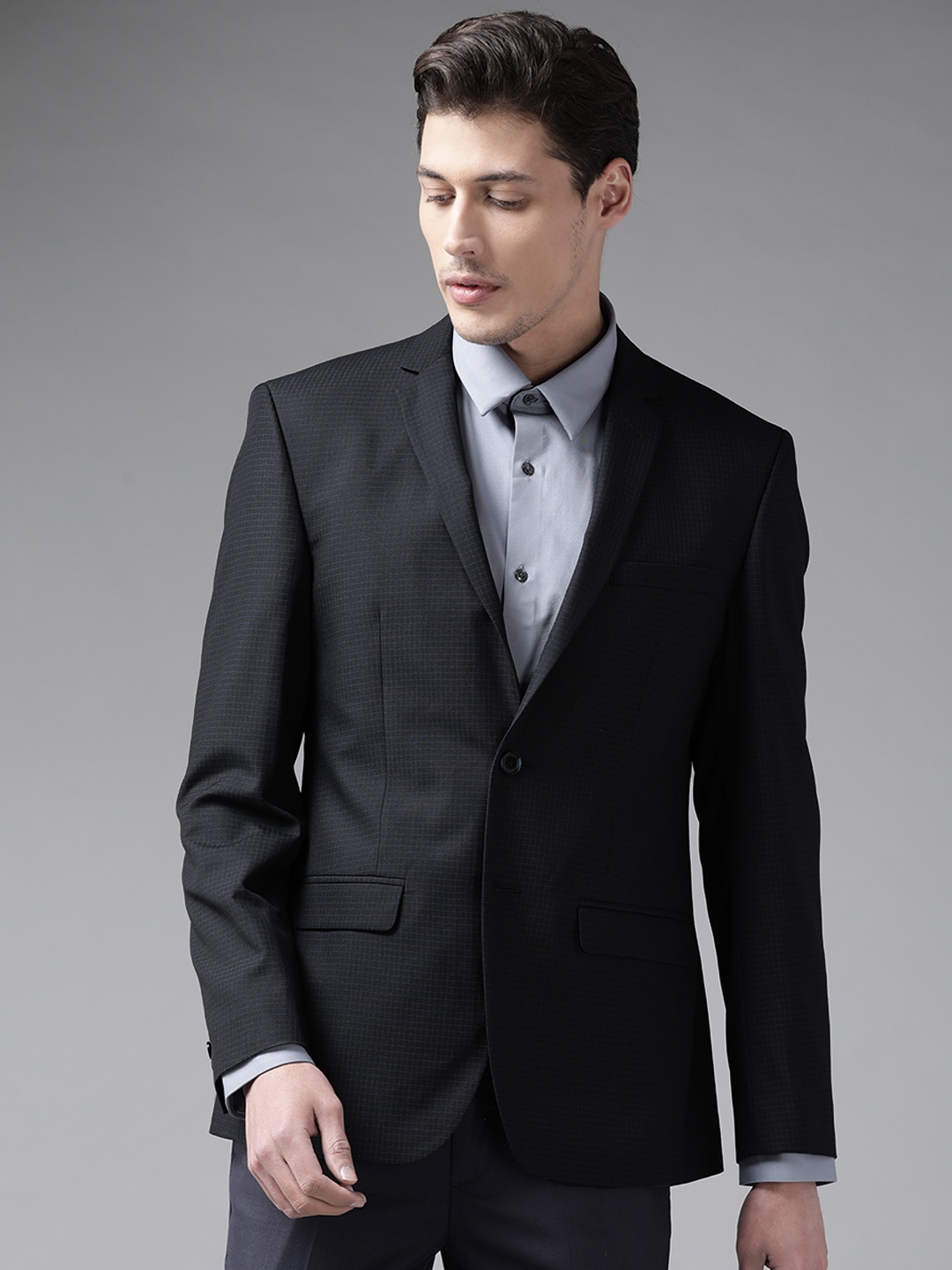 

Park Avenue Men Black & Blue Regular Fit Single-Breasted Checked Formal Blazer