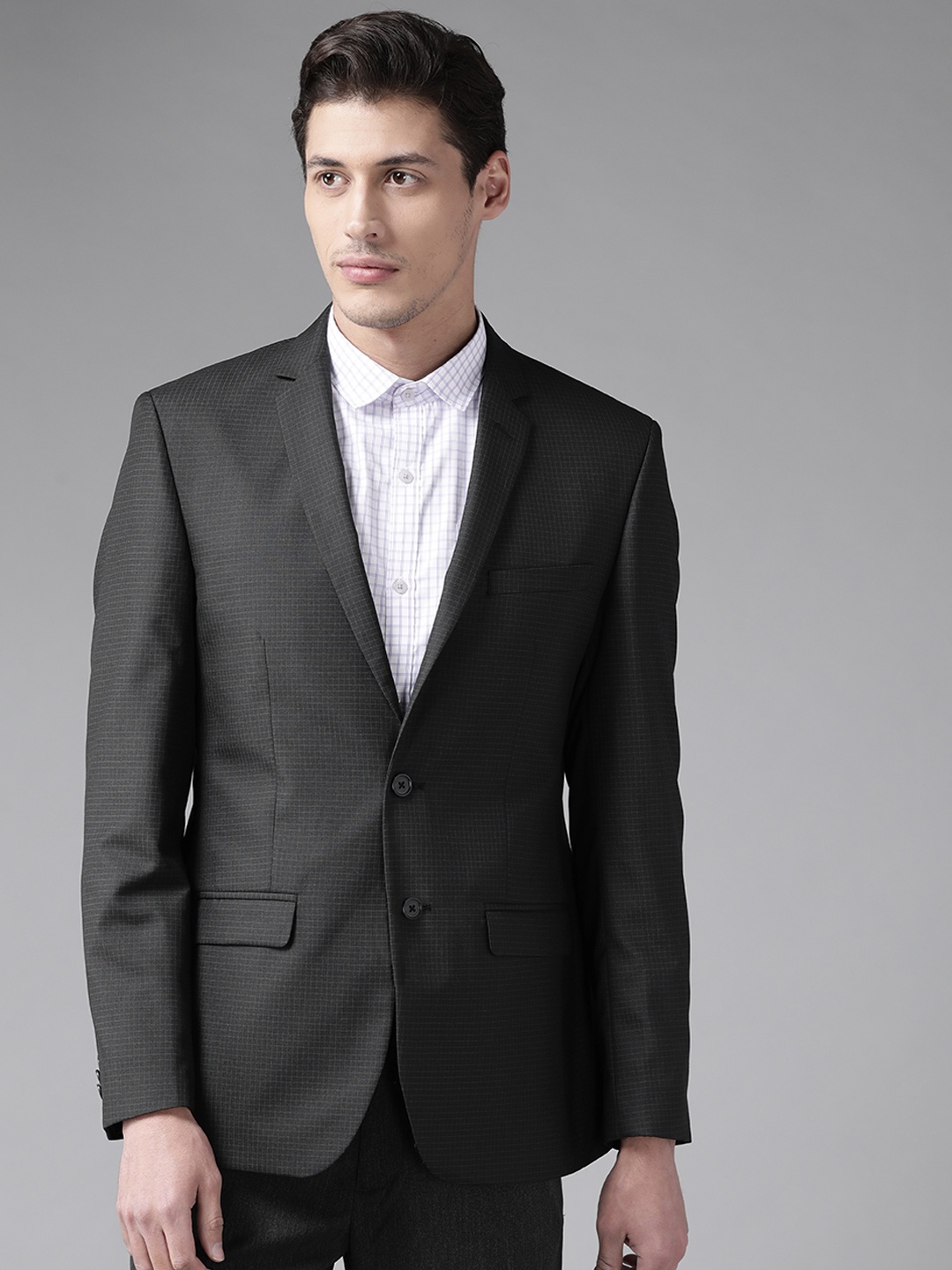 

Park Avenue Men Black & Charcoal Grey Regular Fit Single-Breasted Checked Formal Blazer