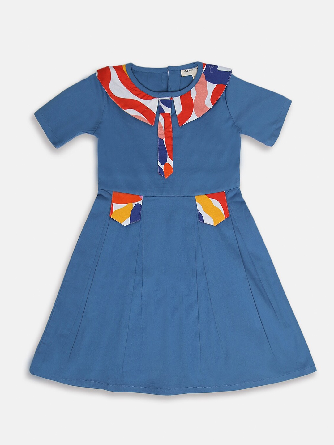 

am ma Girls Blue & Red Peter Pan Collar Cotton Dress