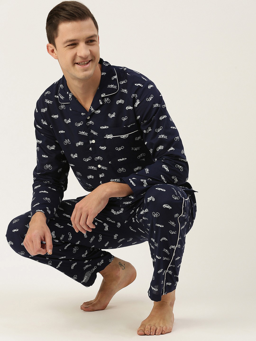 

Bene Kleed Men Navy Blue & White Printed Cotton Night suit