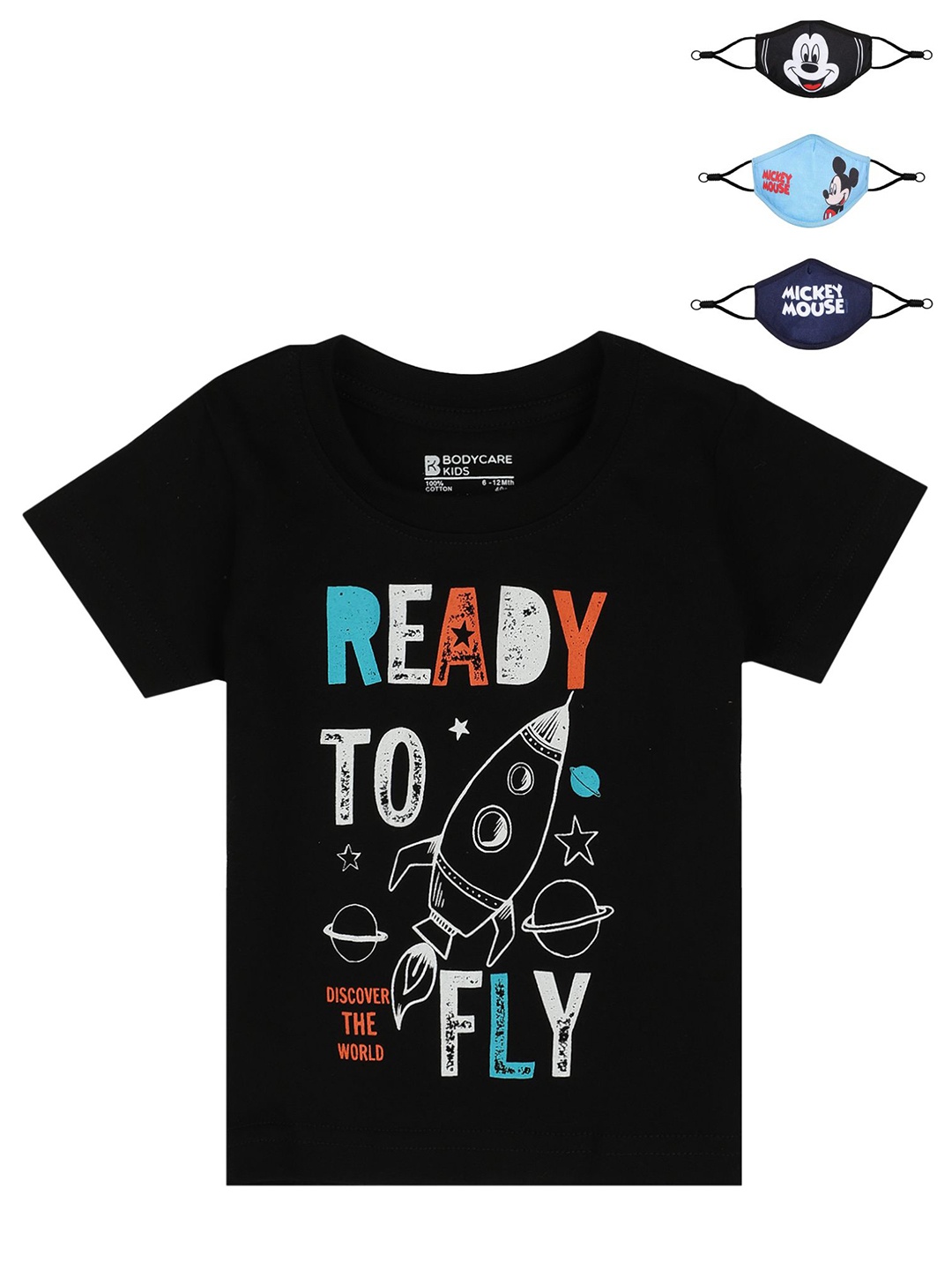 Bodycare Kids Infant Boys Black & White Cotton Typography Print T-Shirt with 3 Masks