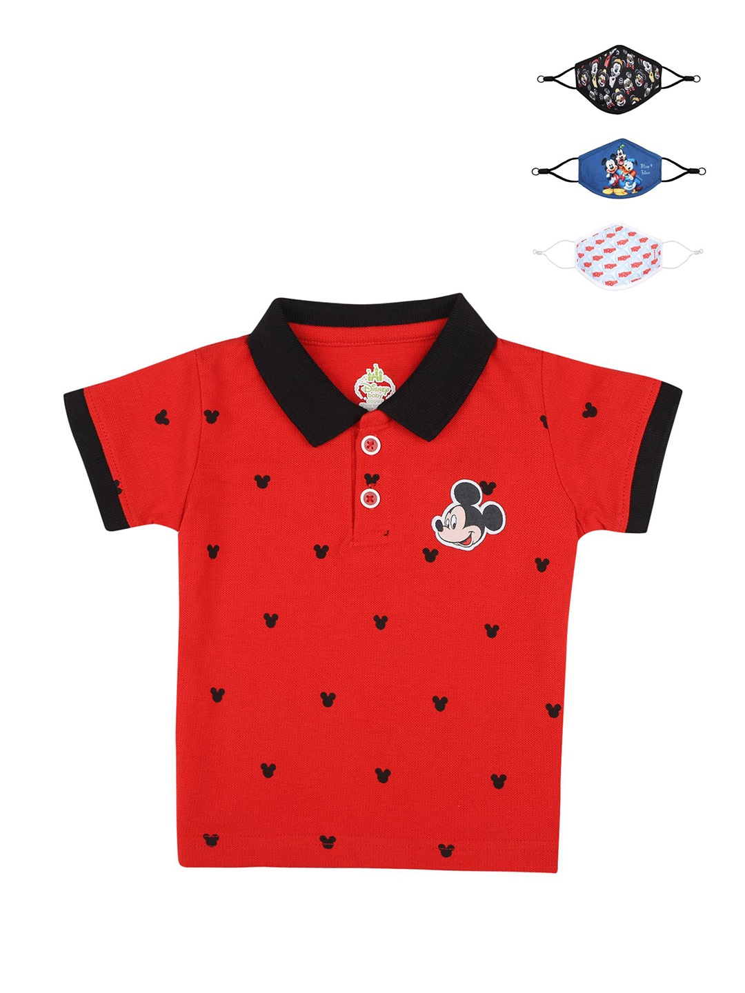 

Bodycare Kids Boys Mickey & Friends Polo Collar Cotton T-shirt with 3 Masks, Red