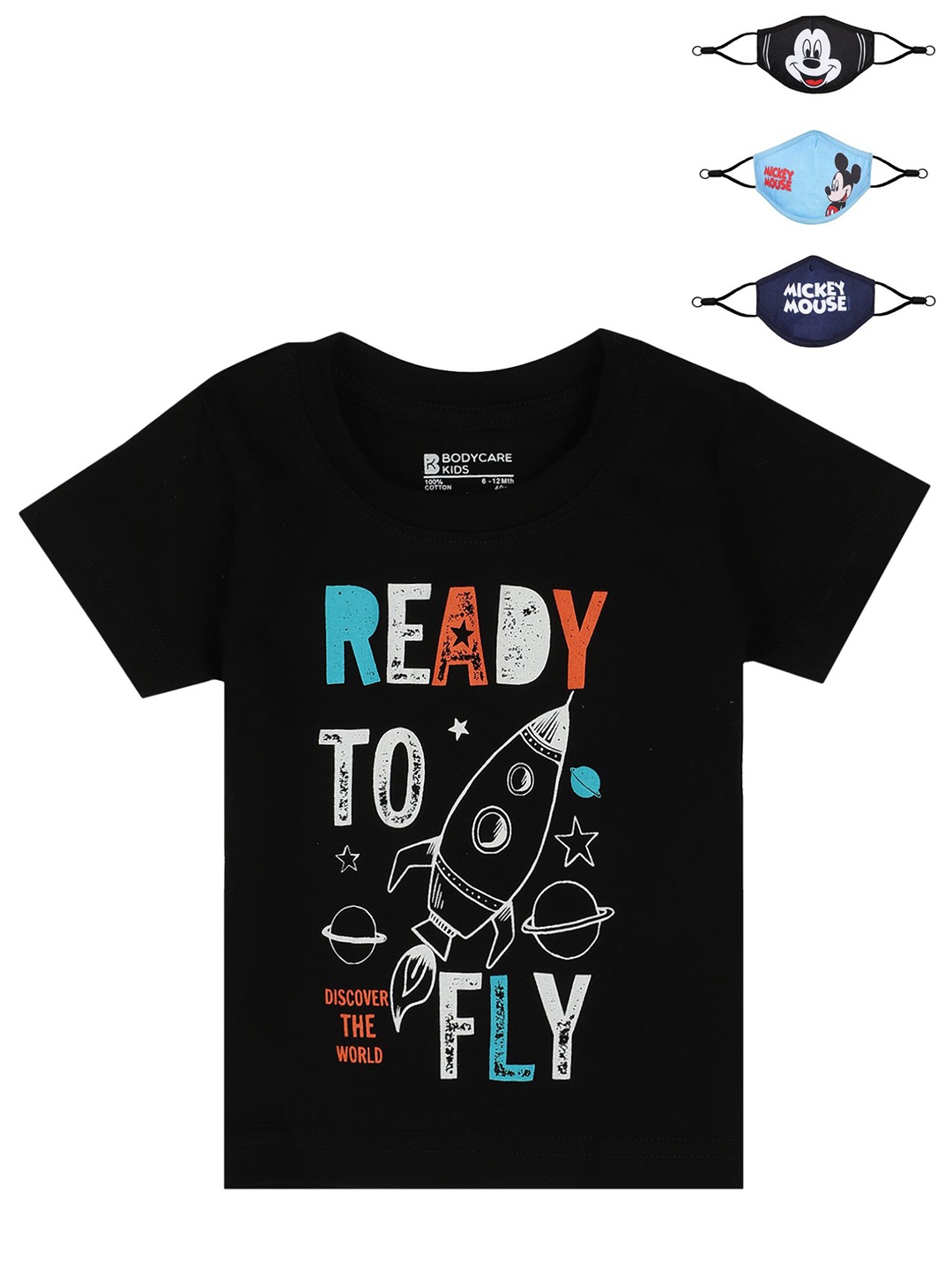 

Bodycare Kids Boys Black & White Typography Cotton T-shirt with 3 Mickey Mouse Masks