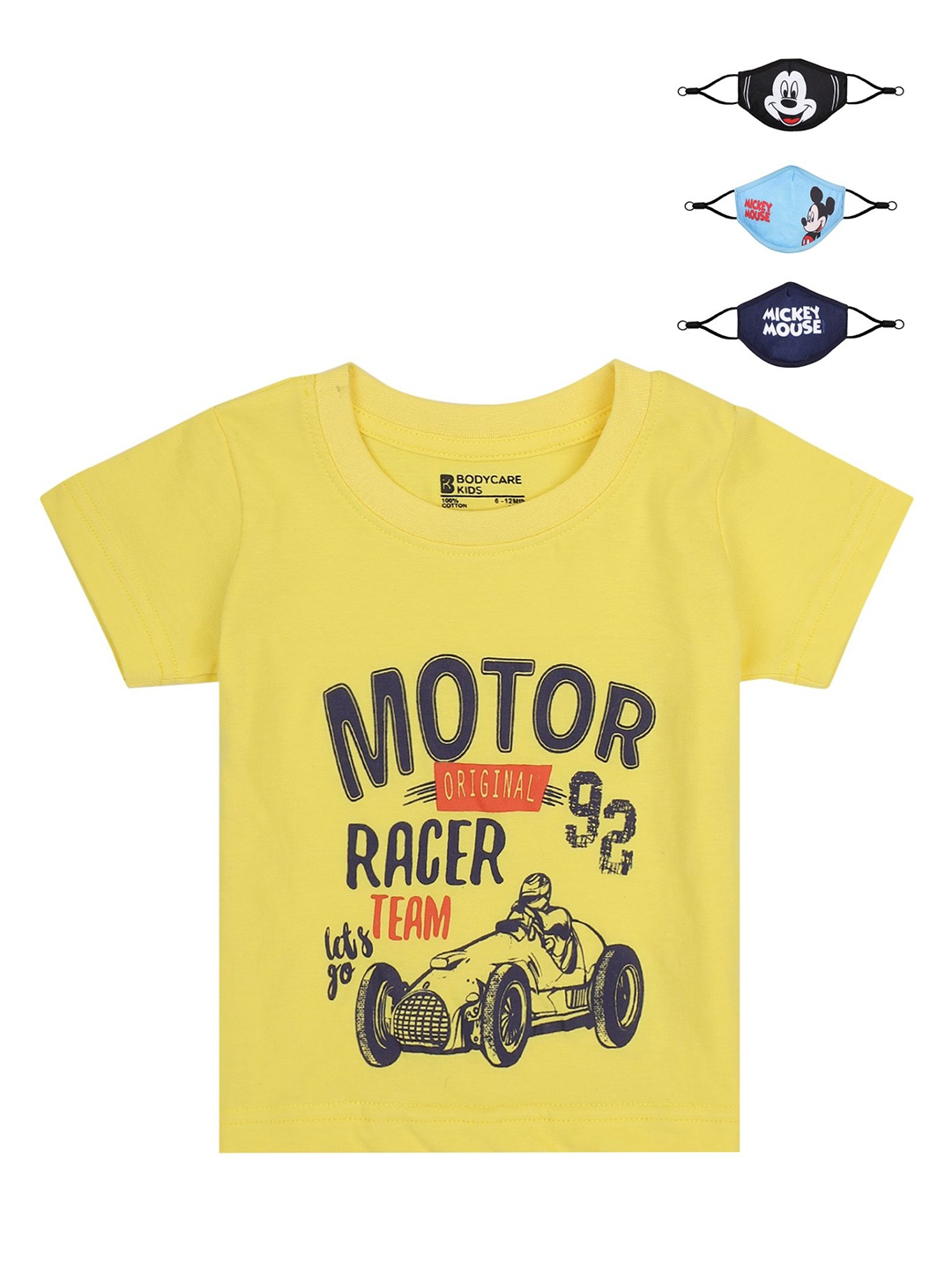 

Bodycare Kids Boys Yellow & Black Typography Cotton T-shirt with 3 Mickey Mouse Masks