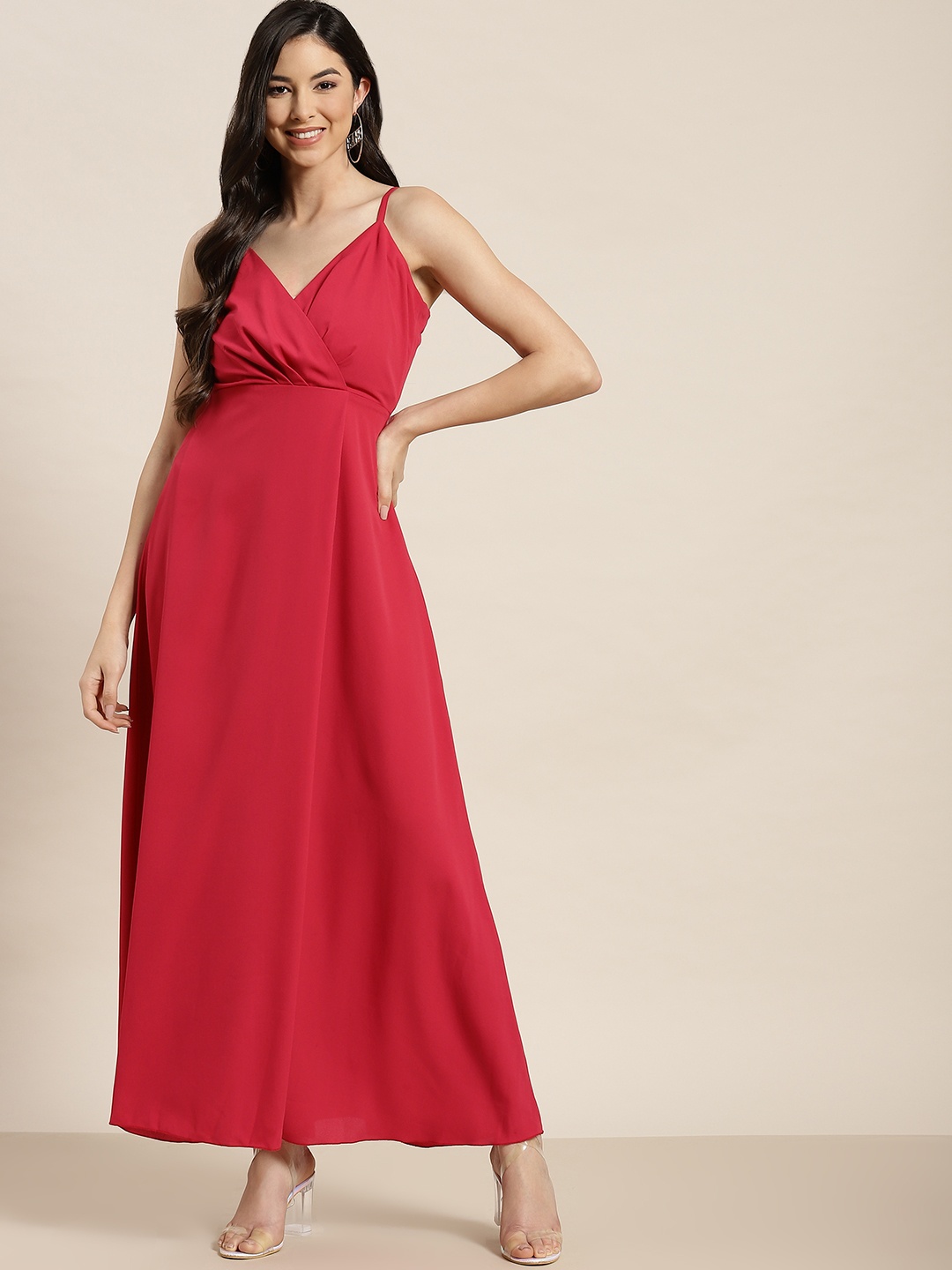 

Qurvii Magenta Crepe Maxi Dress With Side Slit, Red