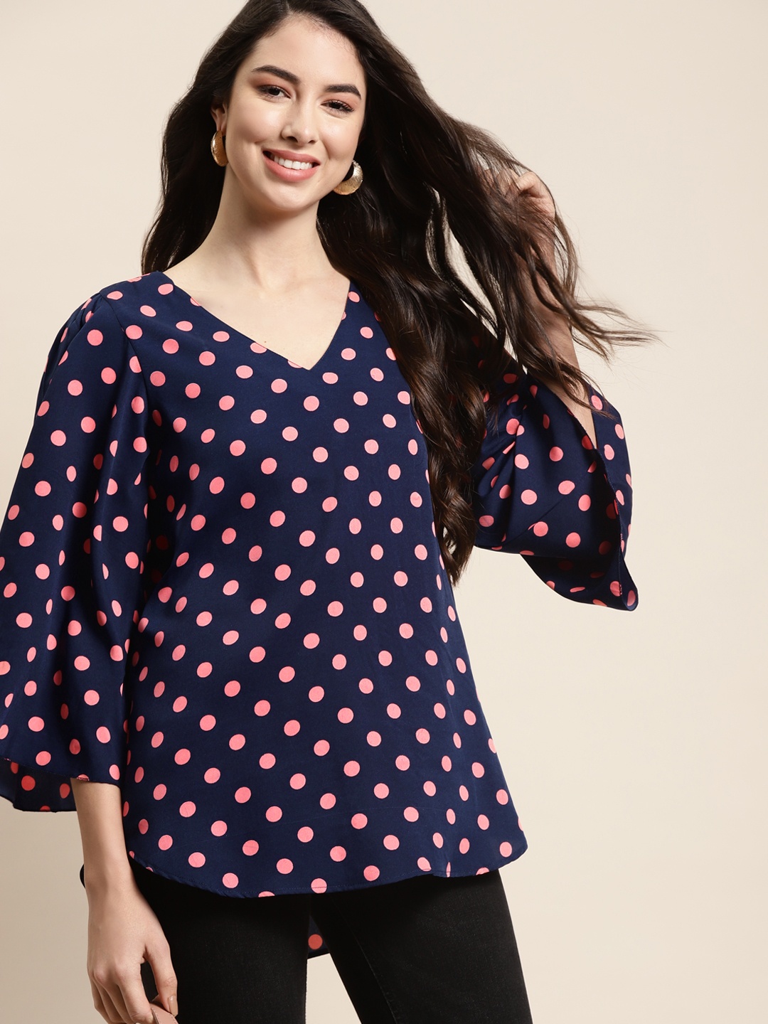 

Qurvii Blue & Pink Polka Dots Print Crepe Top