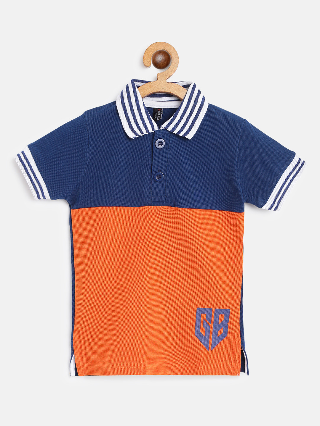

GAME BEGINS Boys Navy Blue & Orange Colourblocked Pure Cotton Polo Collar T-shirt