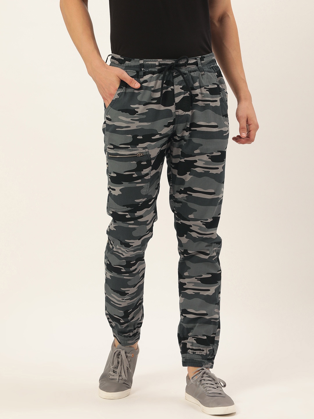 

IVOC Mens Grey & Olive Green Camouflage Print Slim Fit Casual Joggers