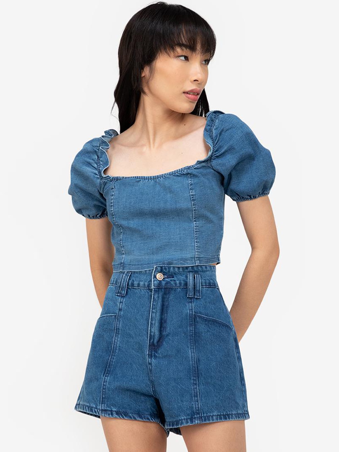 

ZALORA BASICS Blue Puff Sleeve Cropped Denim Top