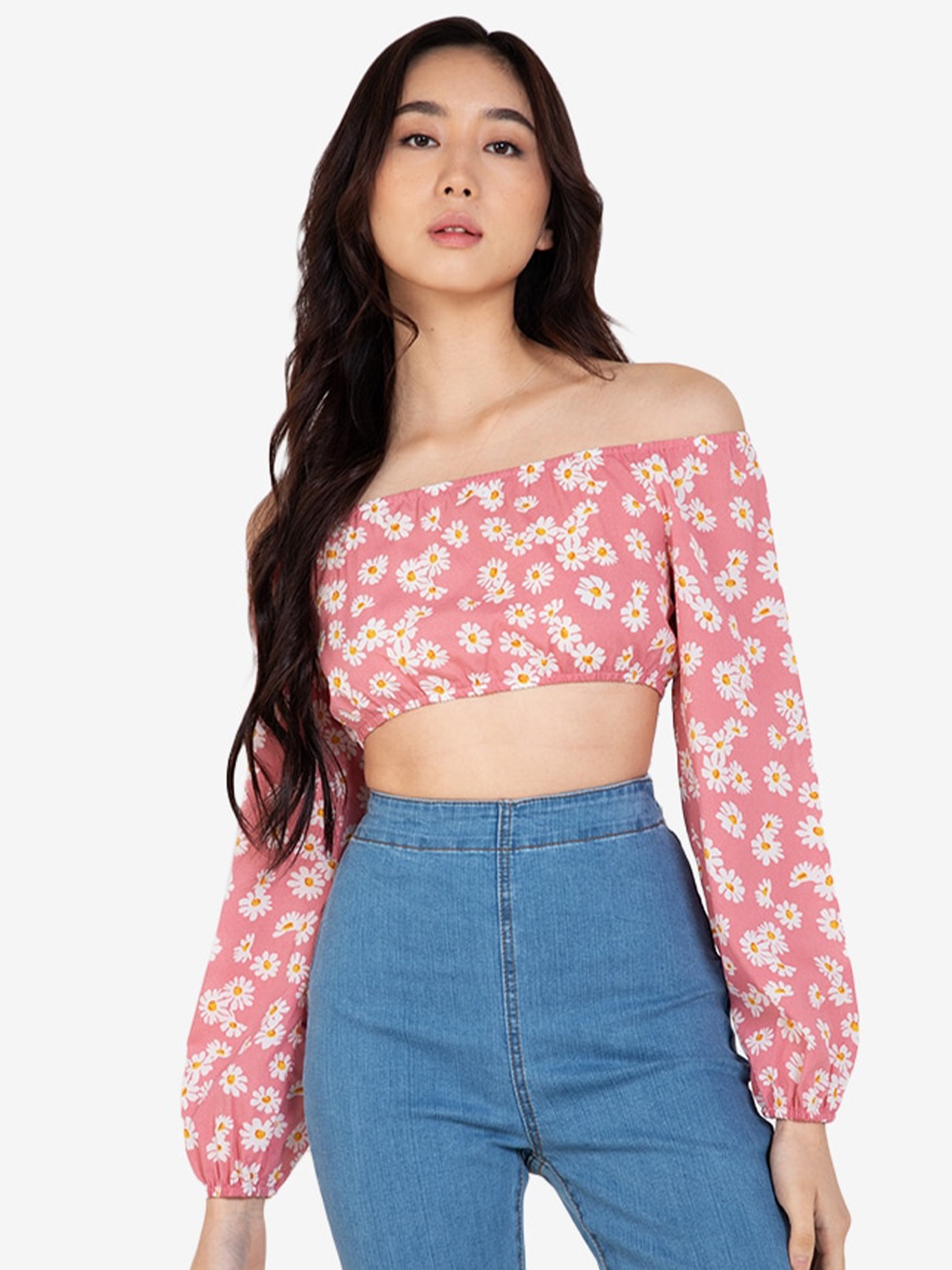

ZALORA BASICS Pink & White Floral Print Off-Shoulder Bardot Crop Top