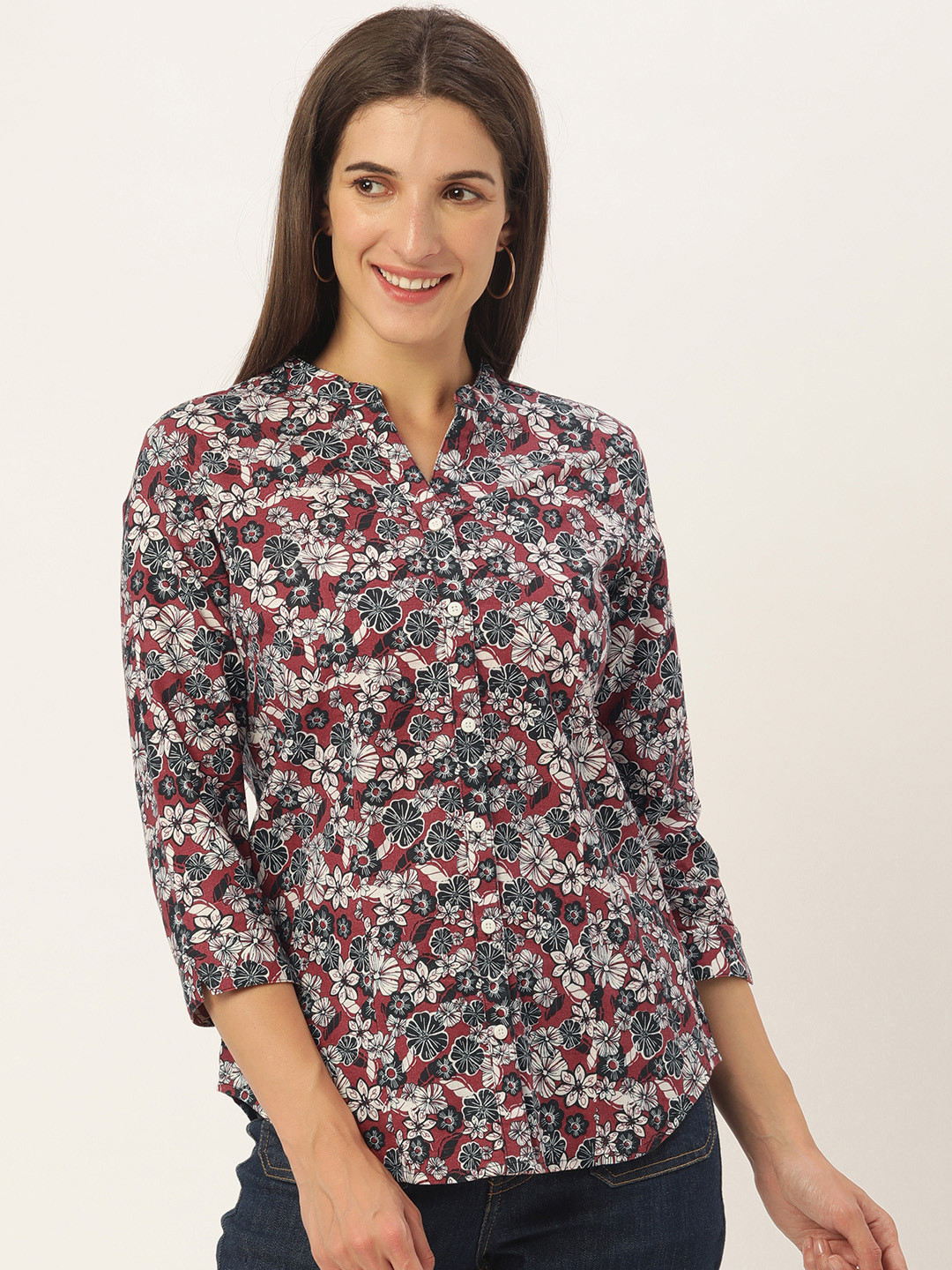 

Bene Kleed Women Maroon Standard Slim Fit Floral Printed Casual Shirt