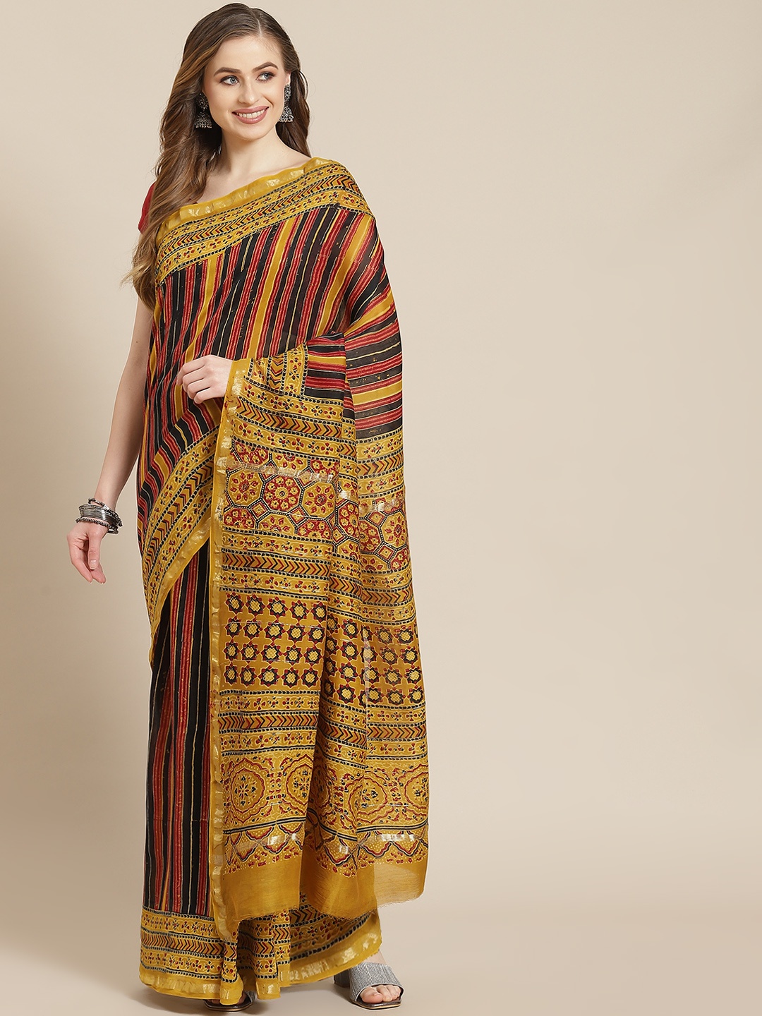 

ADITRI Handloom Mustard Yellow & Red Ajrakh Print Zari Chanderi Silk Block Print Saree