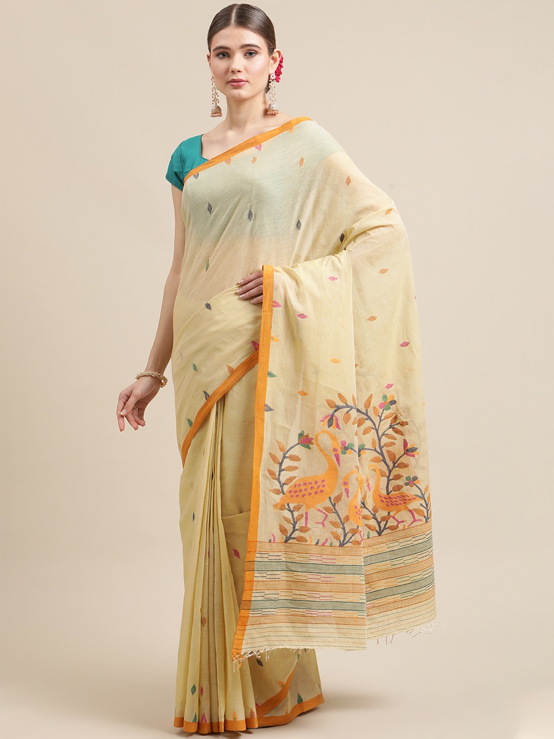 

ADITRI Cream-Coloured & Orange Ethnic Motifs Pure Cotton Jamdani Saree