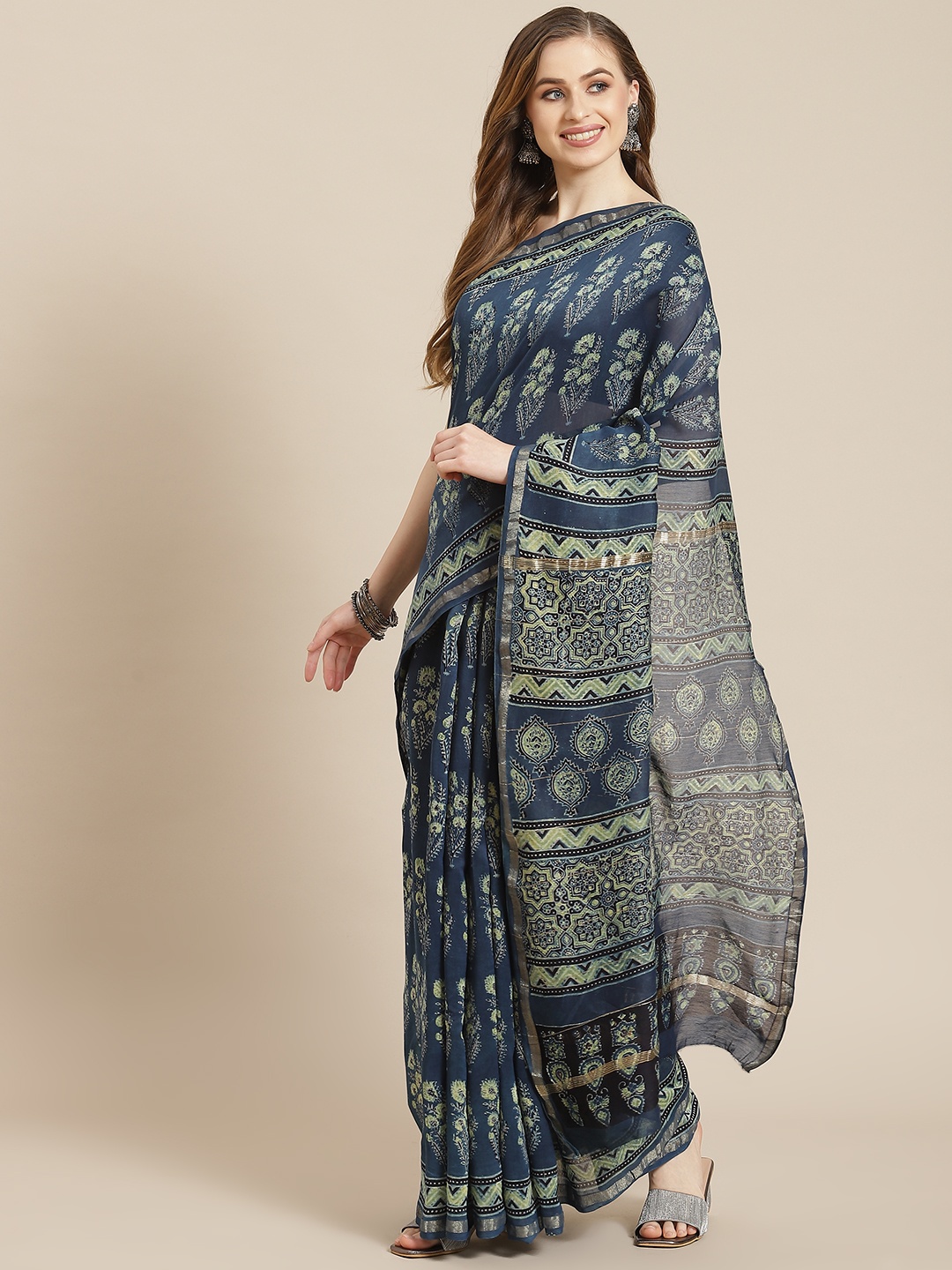 

ADITRI Blue & Green Ajrakh Print Zari Chanderi Silk Block Print Saree