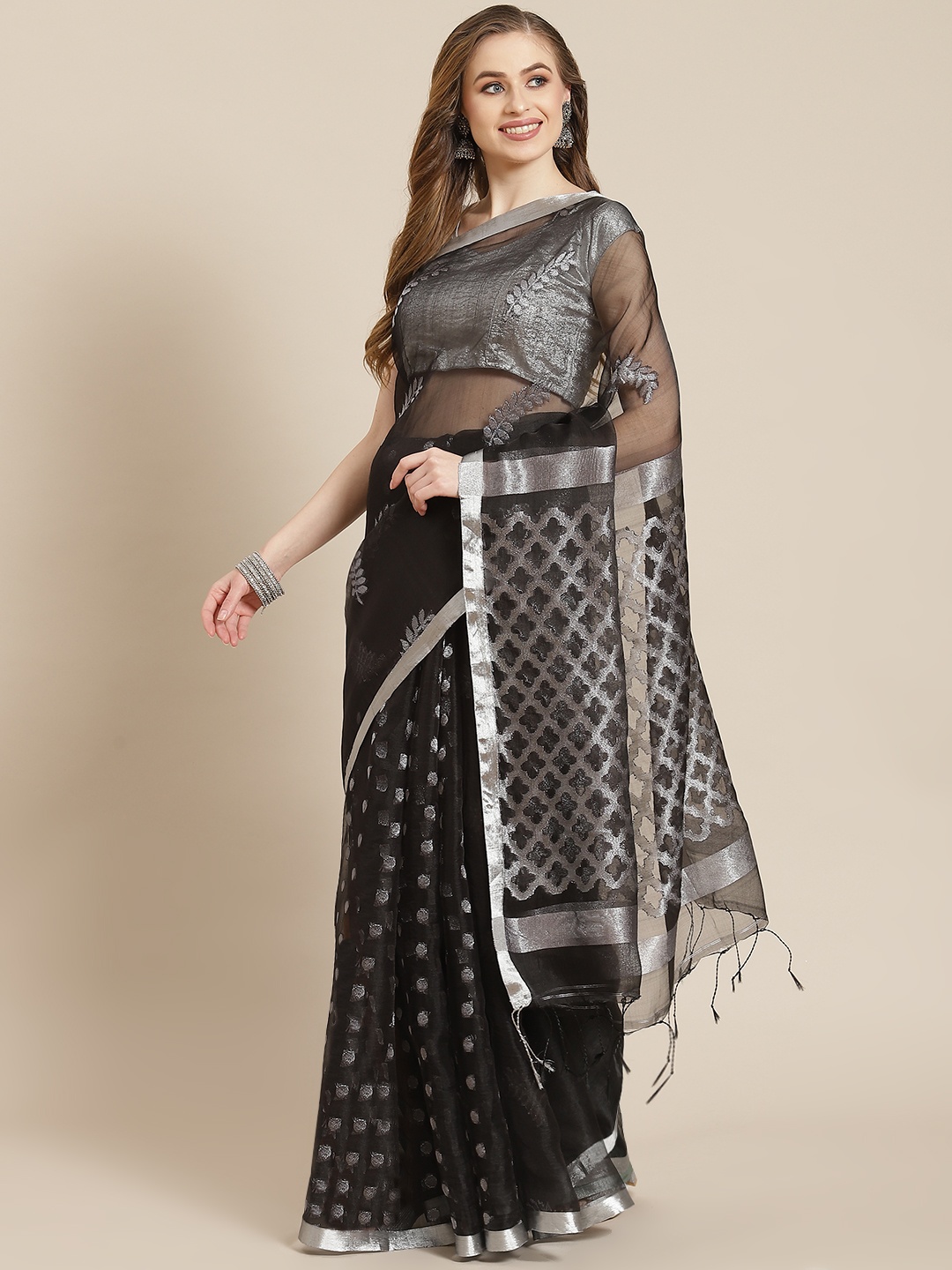 

ADITRI Black & Silver-Toned Ethnic Motifs Woven Design Zari Resham Silk Jamdani Saree