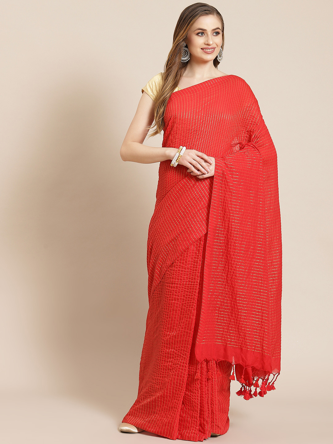 

ADITRI Red Striped Woven Design Zari Pure Cotton Saree