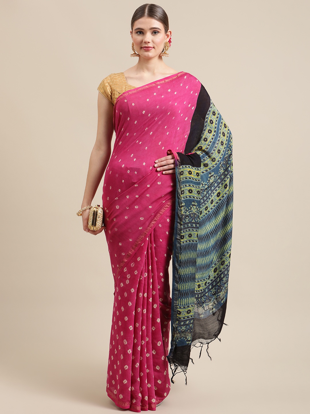 

ADITRI Handloom Magenta Pink & Teal Blue Bandhani Ajrakh & Shibori Zari Pure Silk Block Print Saree