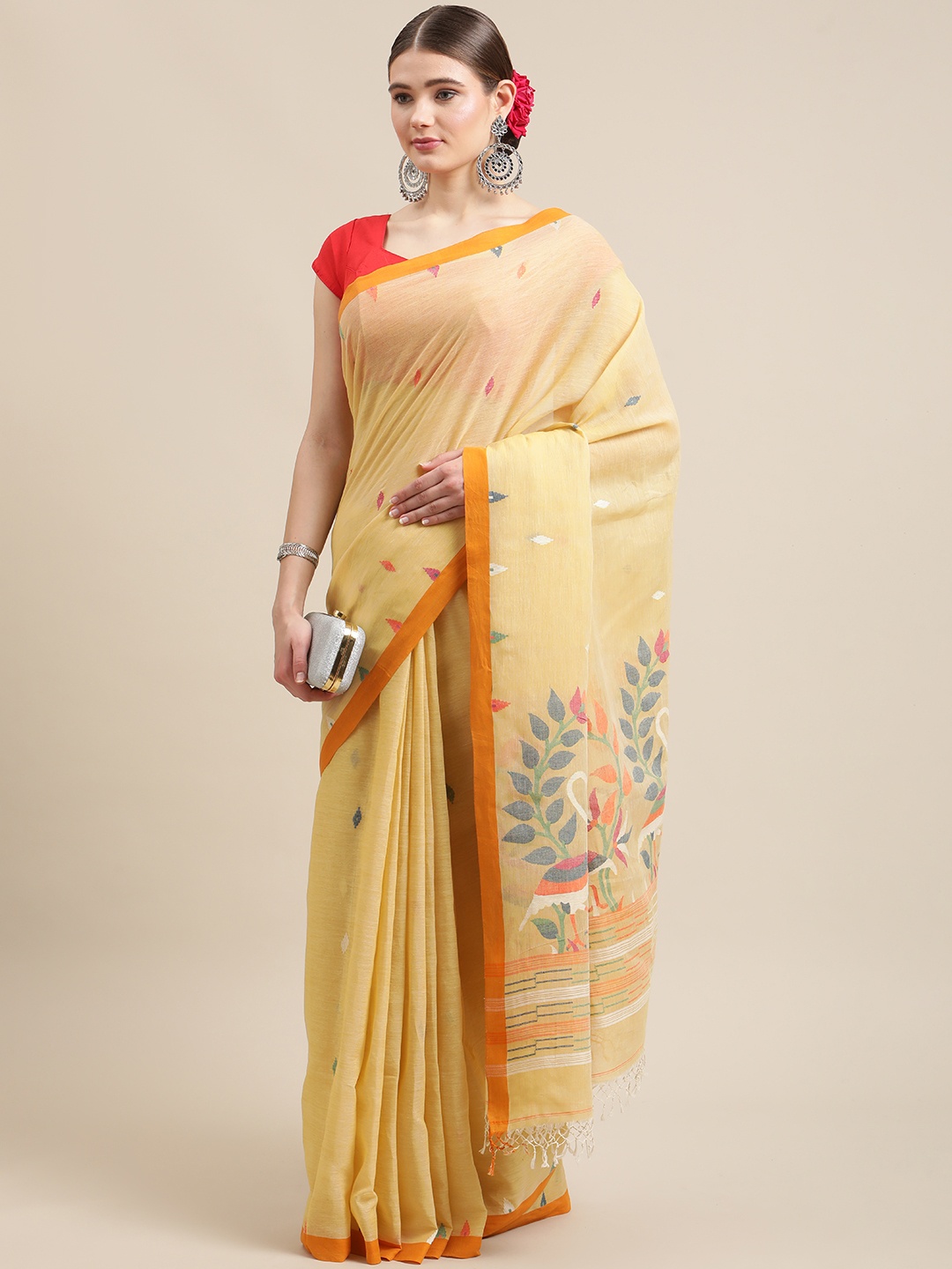 

ADITRI Dark Cream-Coloured & Orange Ethnic Motifs Pure Cotton Jamdani Saree
