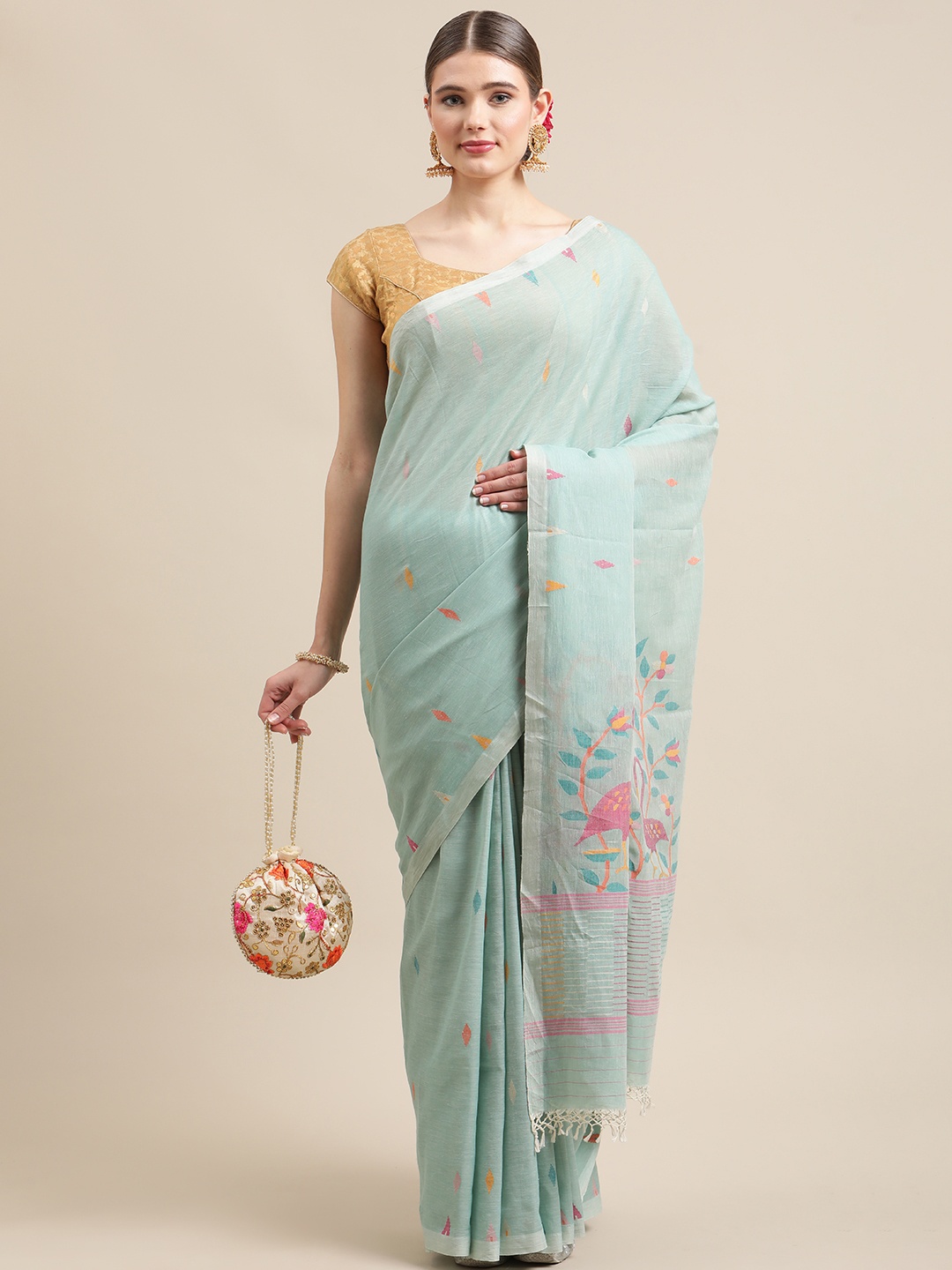 

ADITRI Light Blue Ethnic Motifs Pure Cotton Jamdani Saree
