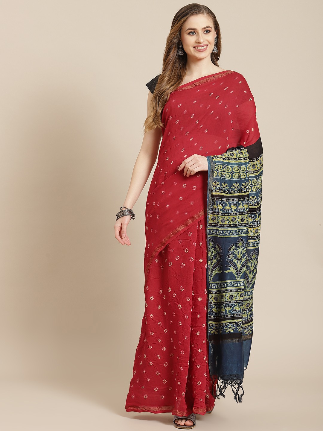 

ADITRI Red & Blue Ajrakh Shibori & Bandhani Printed Chanderi Silk Block Print Saree