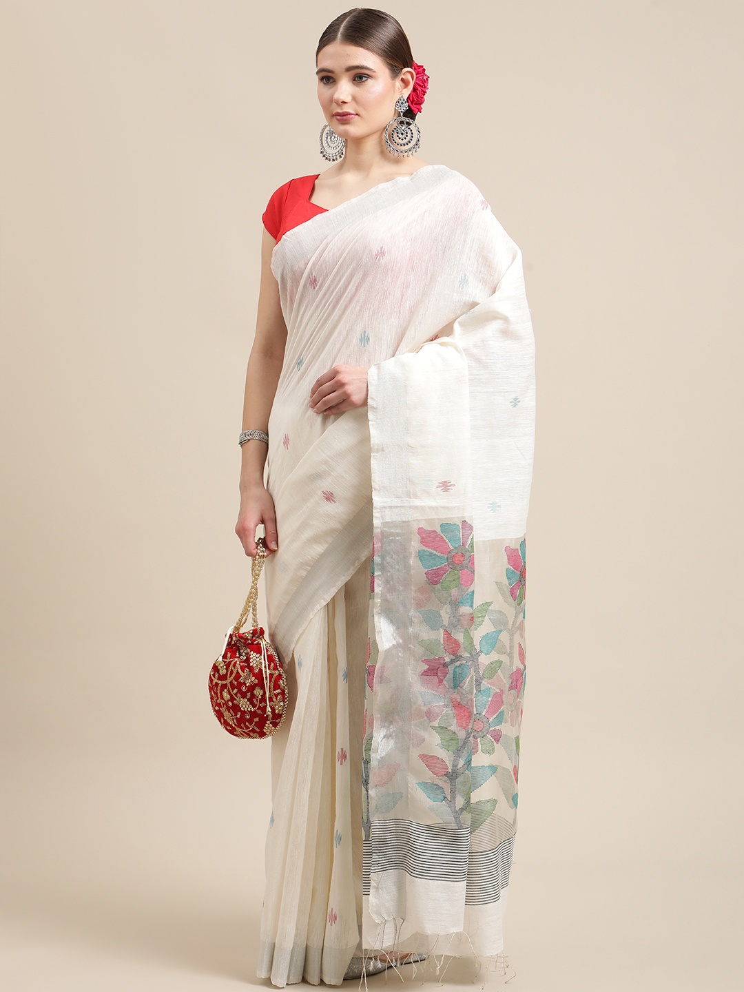 

ADITRI Off White & Red Ethnic Motifs Zari Resham Silk Jamdani Saree