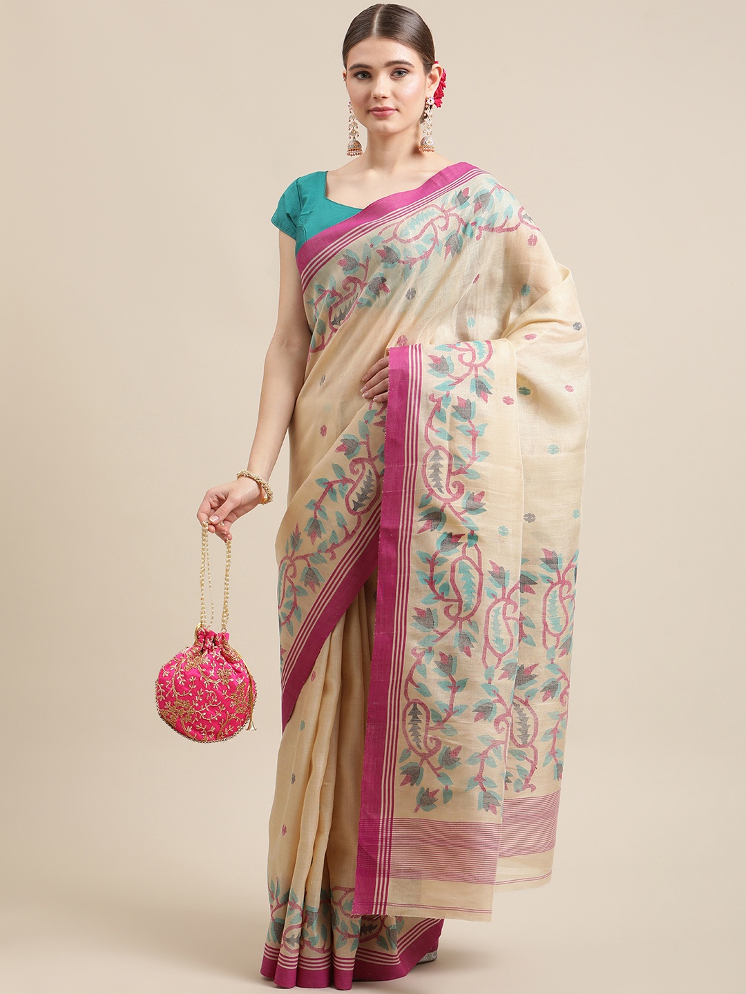 

ADITRI Cream-Coloured & Fuchsia Pink Ethnic Motifs Zari Resham Silk Jamdani Saree