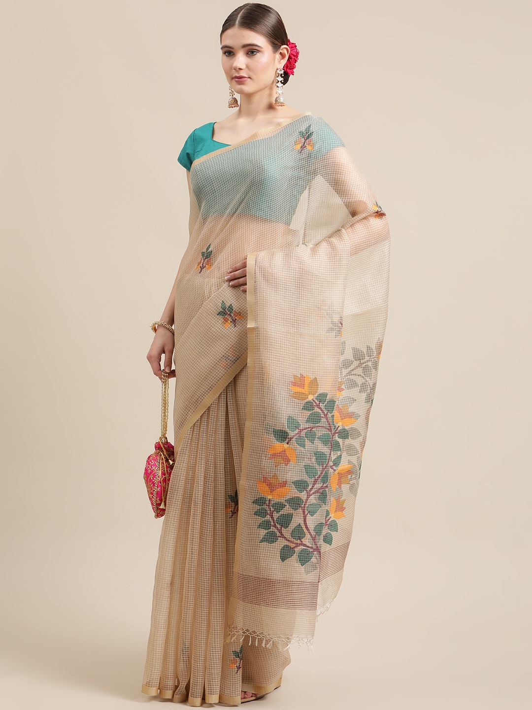 

ADITRI Cream-Coloured & Green Floral Zari Resham Silk Jamdani Saree