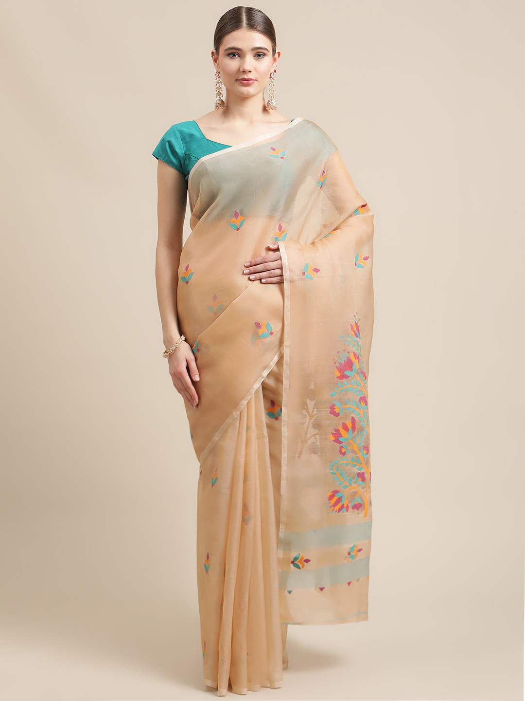 

ADITRI Beige & Teal Blue Ethnic Motifs Patterned Jamdani Saree