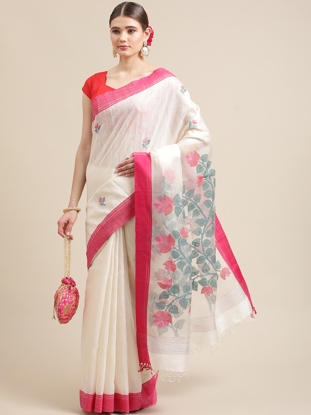 

ADITRI Off White & Red Floral Zari Resham Silk Jamdani Saree