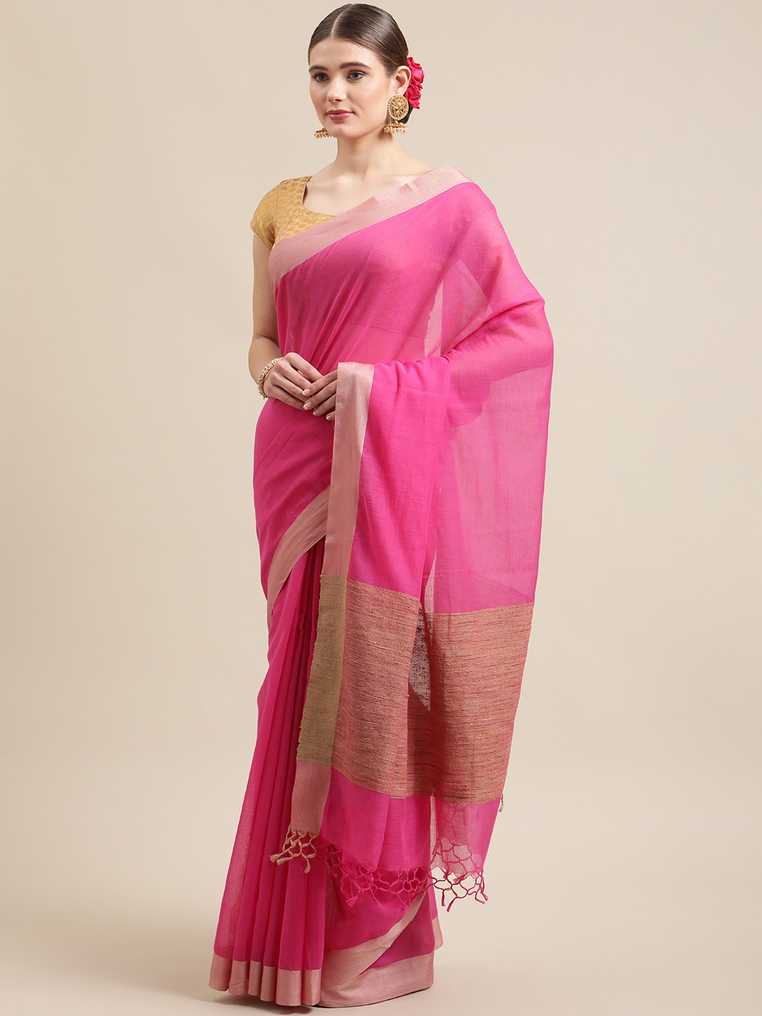

ADITRI Pink & Golden Solid Pure Cotton Saree