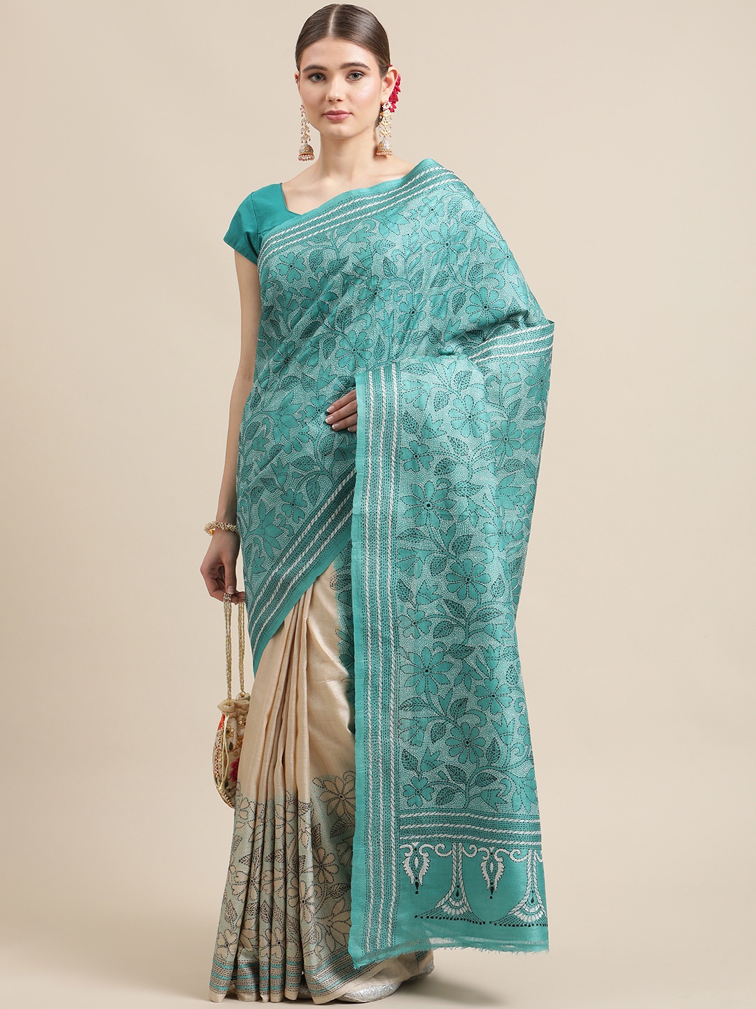 

ADITRI Turquoise Blue & Cream-Coloured Floral Nakshi Kantha Work Pure Silk Tussar Saree
