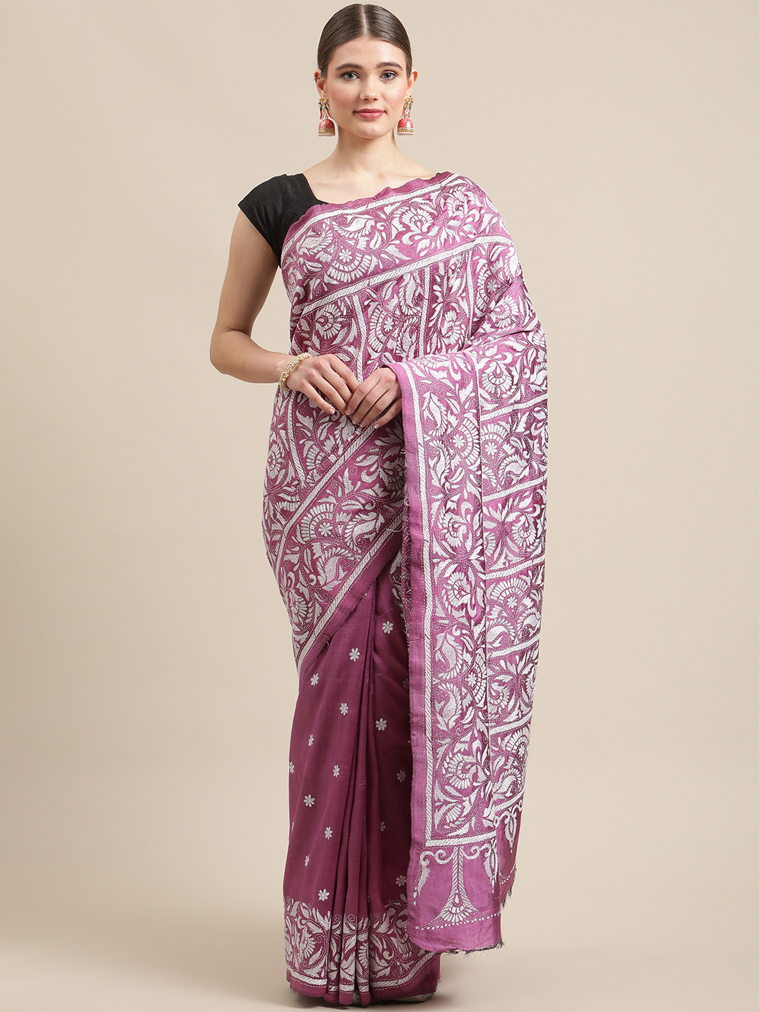 

ADITRI Purple & White Ethnic Motifs Kantha Work Bishnupur Silk Saree