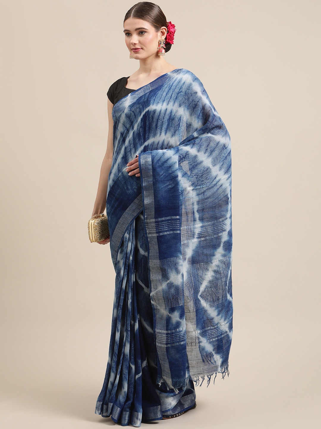 

ADITRI Blue & Silver-Toned Shibori Tie and Dye Zari Chanderi Silk Saree