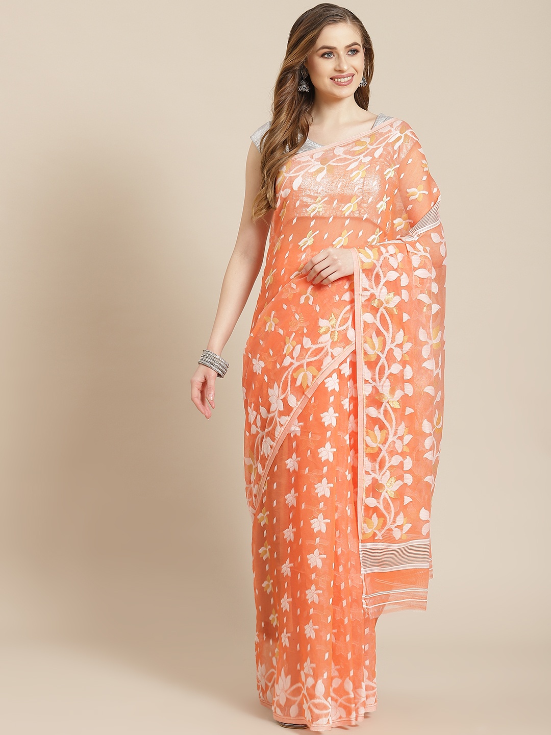 

ADITRI Rose Gold-Toned & White Ethnic Motifs Woven Design Zari Resham Silk Jamdani Saree