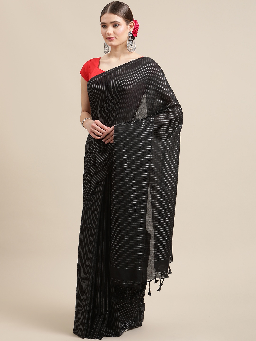 

ADITRI Black & Silver-Toned Striped Zari Pure Cotton Saree