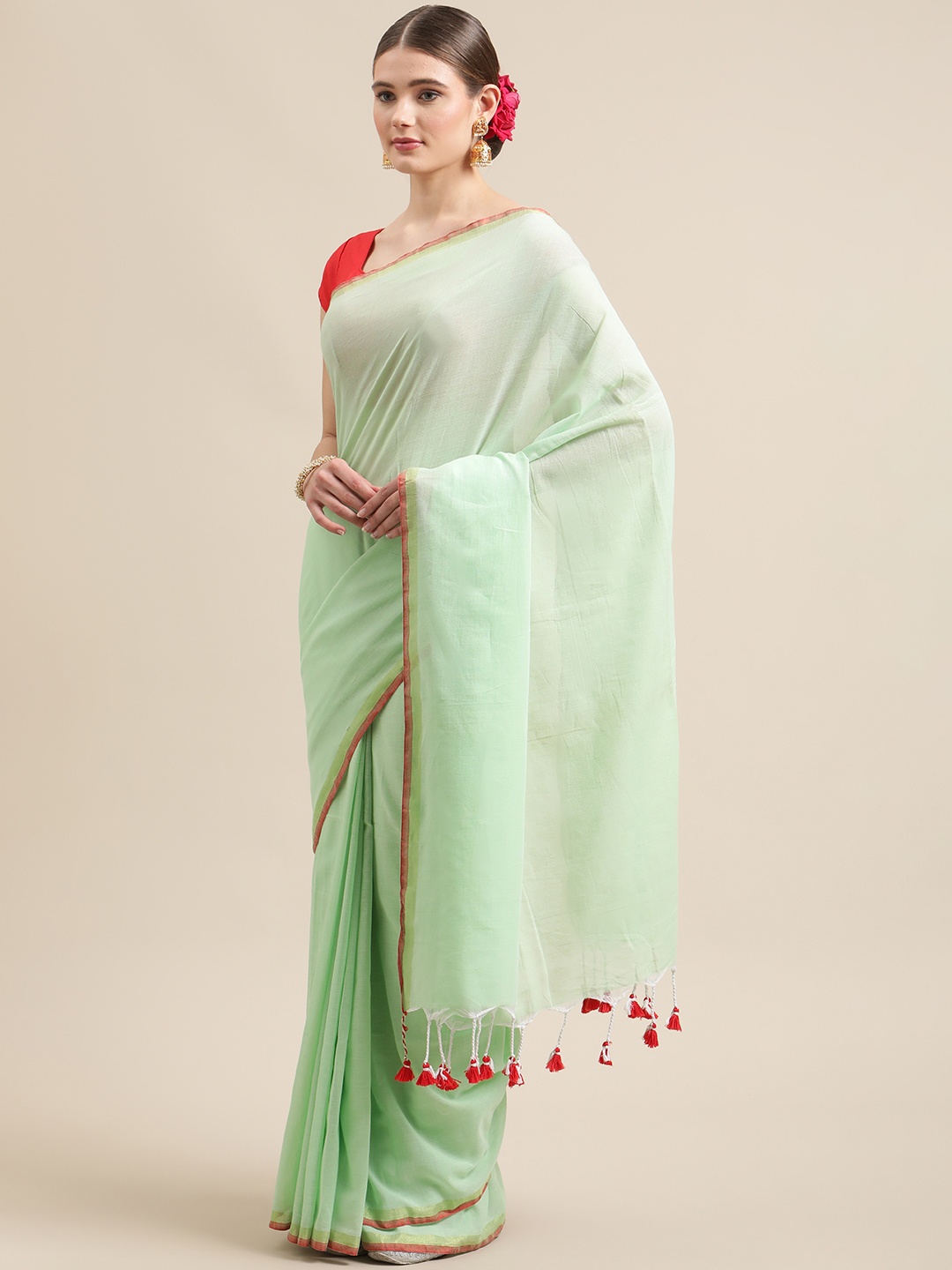 

ADITRI Handloom Sea Green Solid Pure Cotton Saree