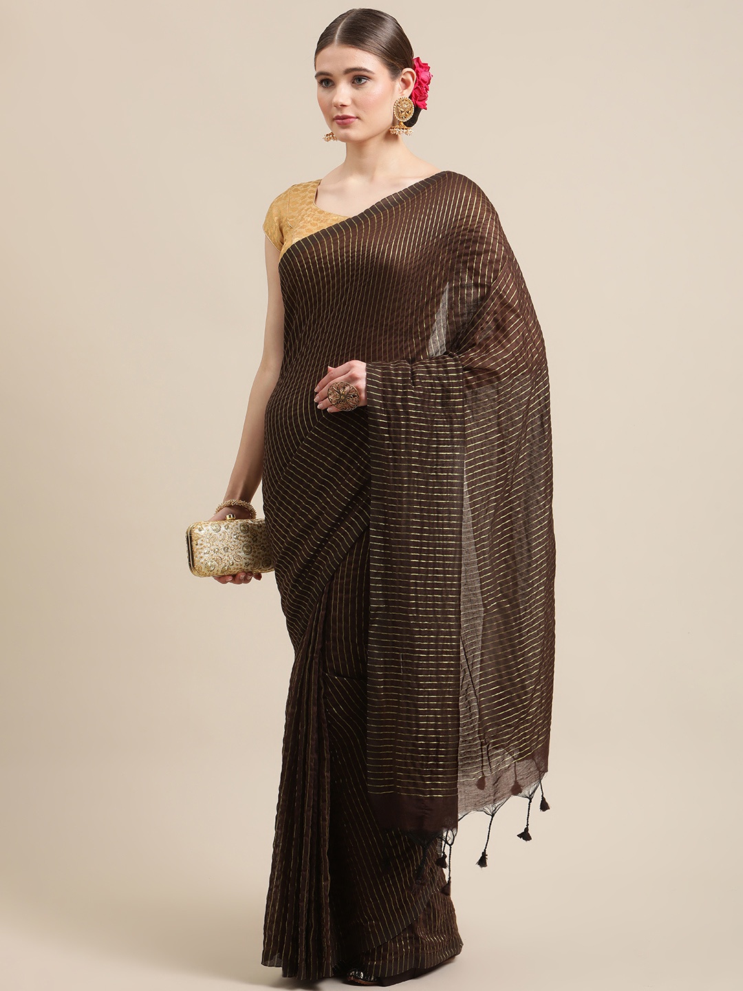 

ADITRI Coffee Brown & Golden Striped Pure Cotton Saree