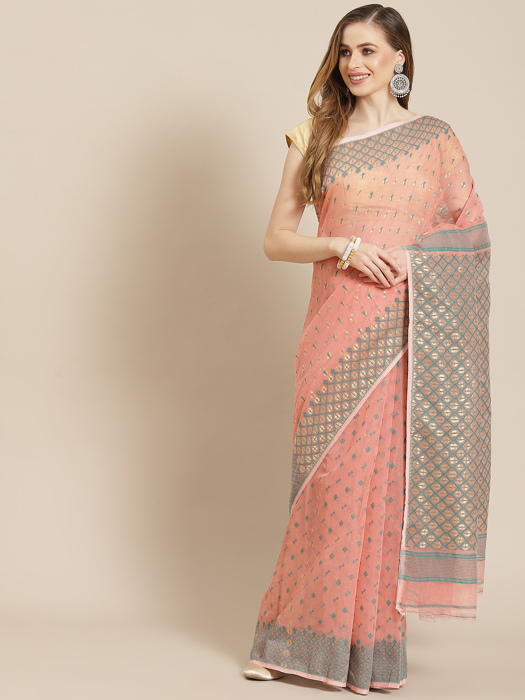 

ADITRI Pink & Green Ethnic Motifs Woven Design Resham Silk Jamdani Saree