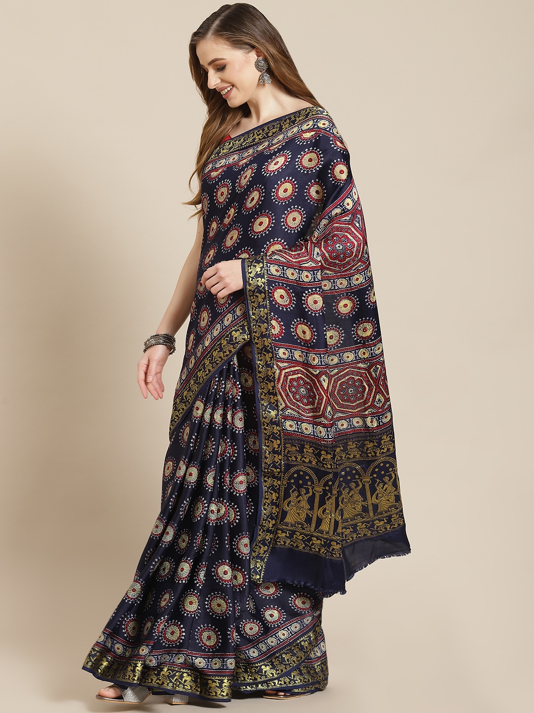 

ADITRI Handloom Assorted Ajrakh Print Zari Modal Silk Block Print Saree