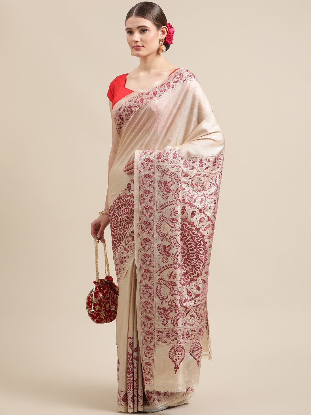 

ADITRI Cream-Coloured & Maroon Ethnic Motifs Kantha Work Pure Silk Tussar Saree